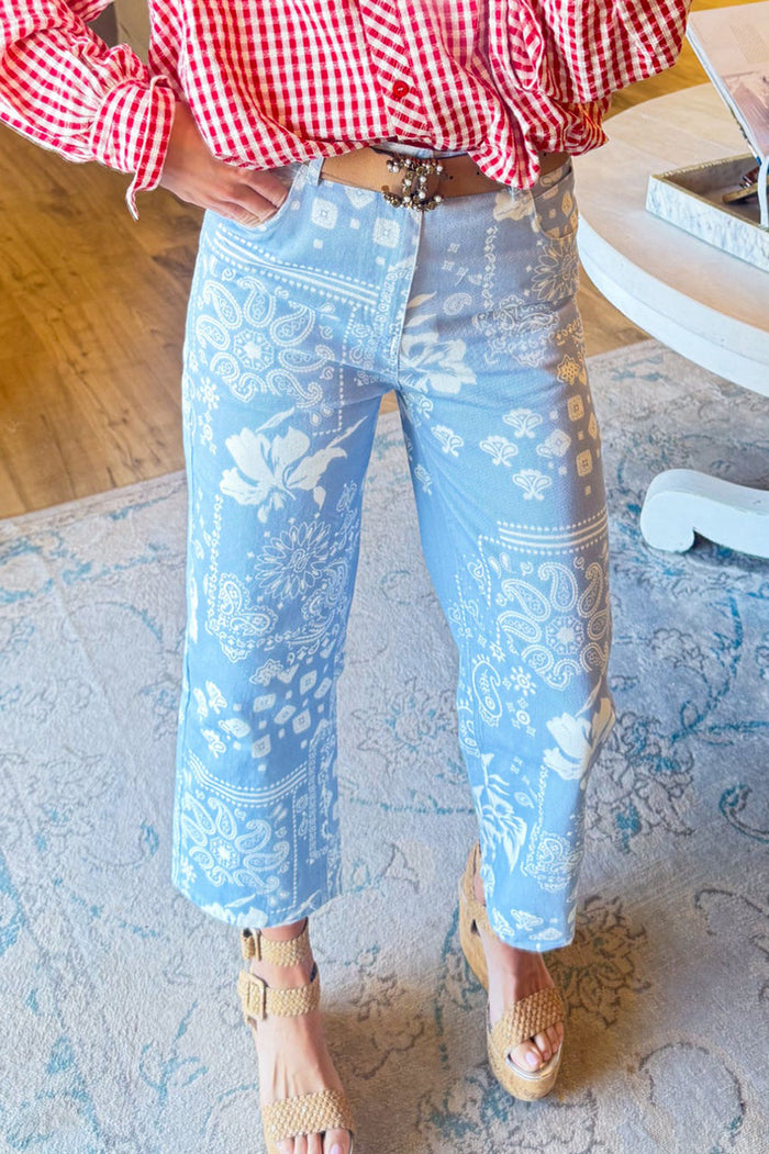 Light Blue Floral Print Ankle Pants