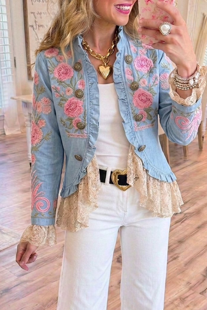 Light Blue Denim Pink Floral Lace Ruffle Hem Cropped Jacket