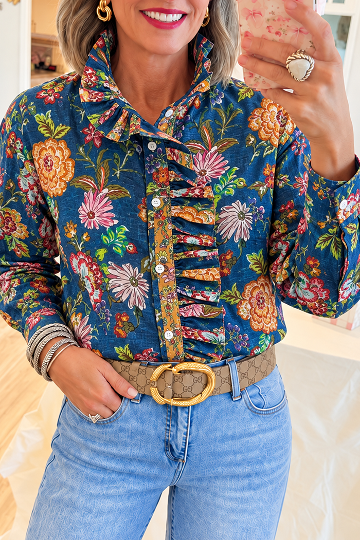 Casual Floral Print Ruffle Shirt