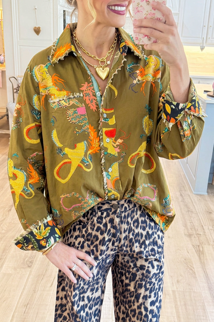 Dragon Print Shirt Collar Frayed Edges Pockets Top