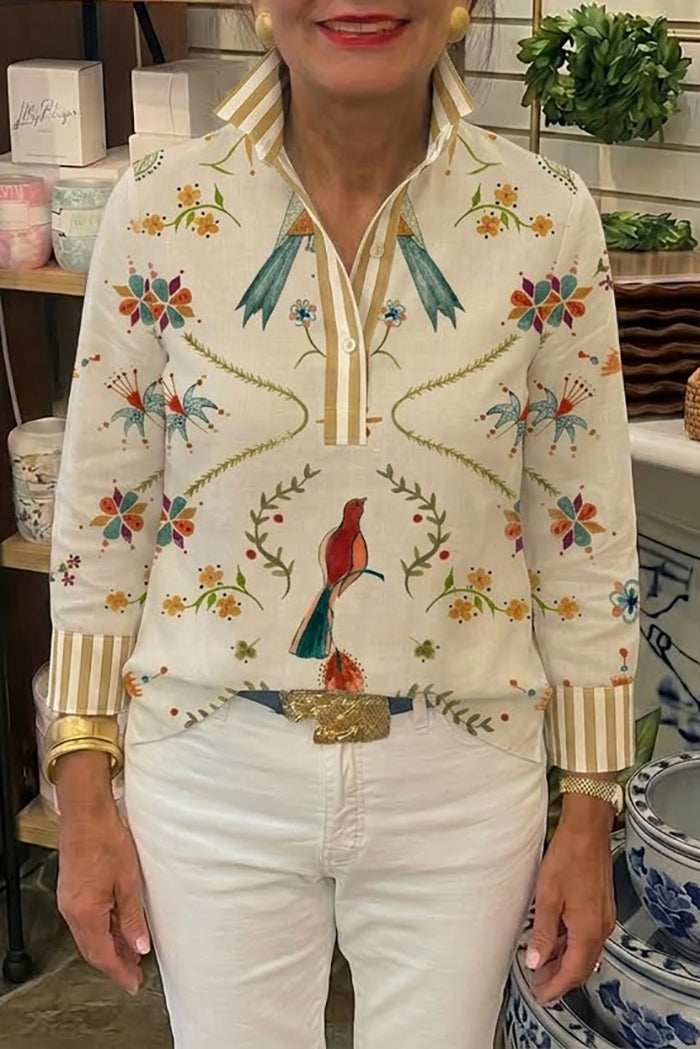 Collared Popover Bird Floral Printed Top