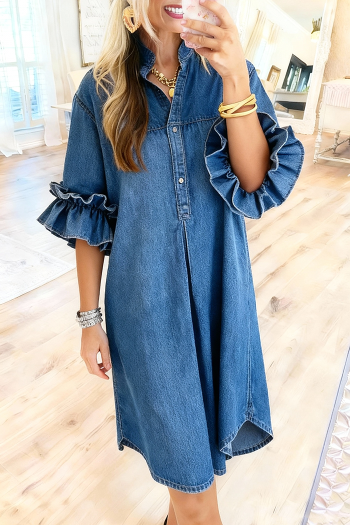 Double Ruffle Sleeve Denim Dress