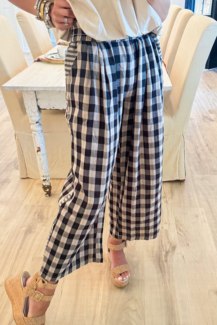 Black And Taupe Check Wide Leg Pants
