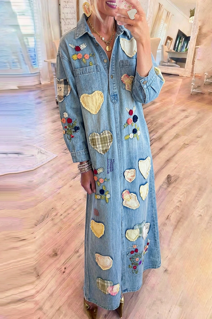 Denim Collared Heart Patchwork Floral Maxi Dress