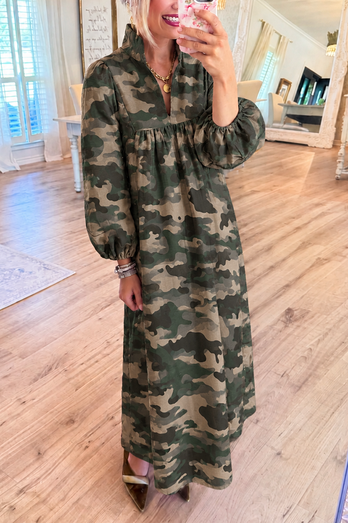 Camo Stand Collar Pocket Maxi Dress