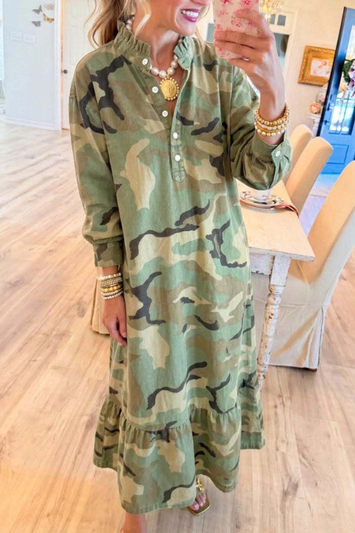 Ruffle Collar Henley Camo Ruffle Hem Maxi Dress