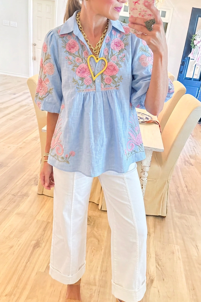 Casual V-Neck Puff Sleeve Embroidered Top