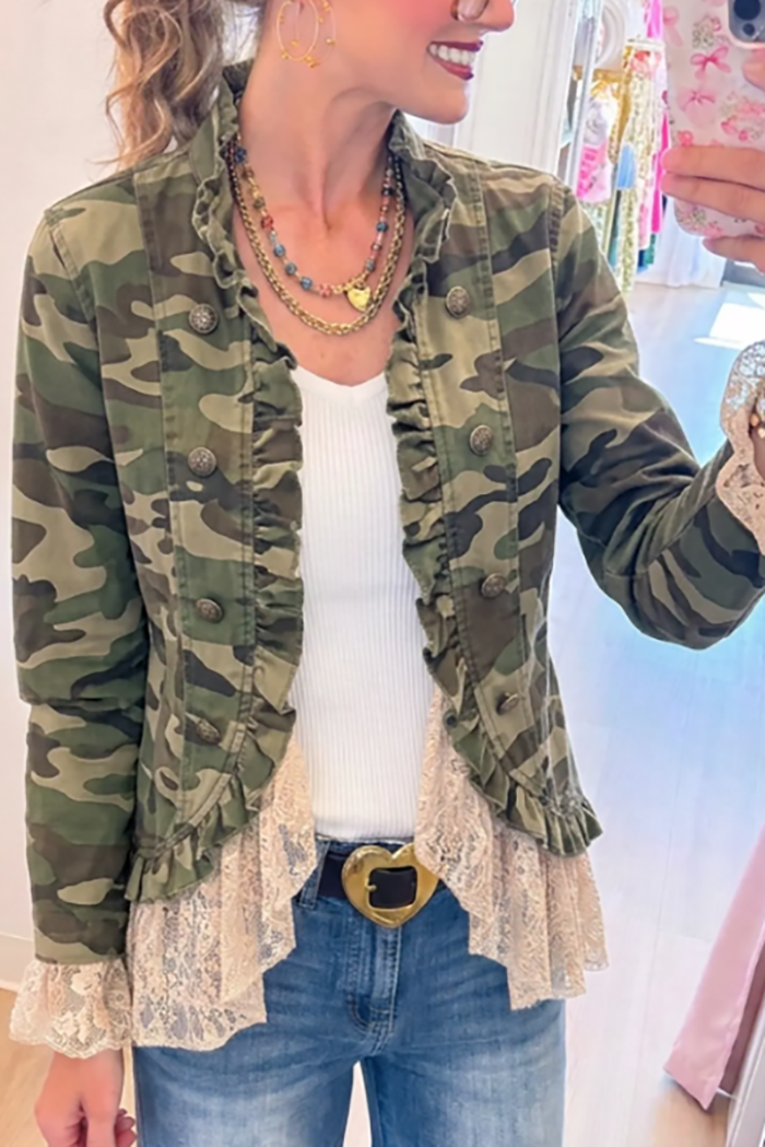 Casual Camou Lace Splicing Denim Jacket