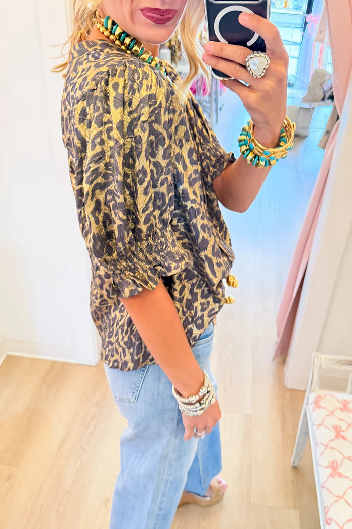 Gold Metallic Leopard Puff Sleeve Top