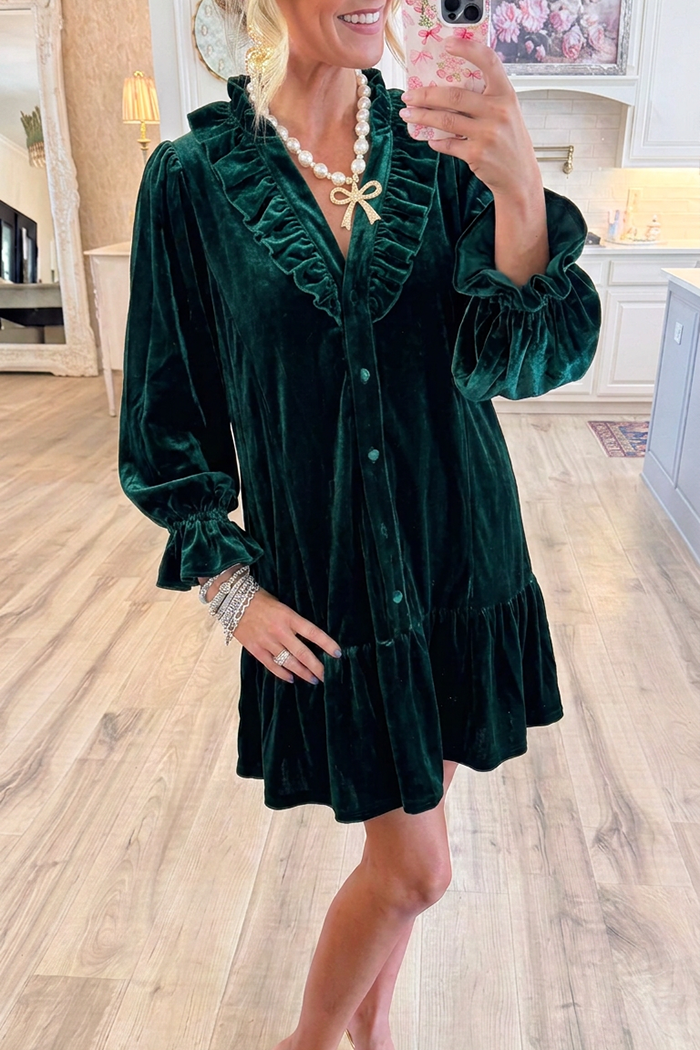 Emerald Velvet Ruffle Neck Button Front Dress