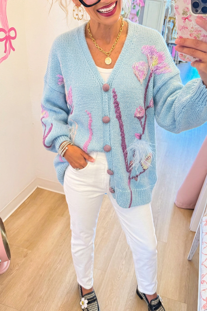 Casual Floral Pattern Feather Trim Cardigan