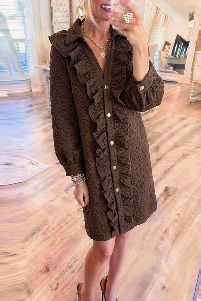 Brown Collared Ruffle Trim Textured Button Front Puff Sleeve Shirt Dress
