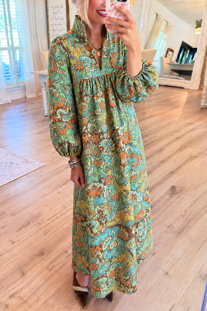 Paisley Pattern Gathered Empire Waist Pocket Maxi Dress