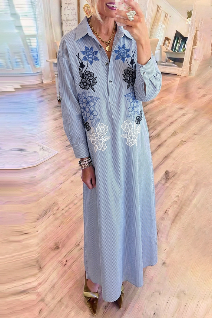Light Blue Stripe Floral Embroidered Collared Maxi Dress
