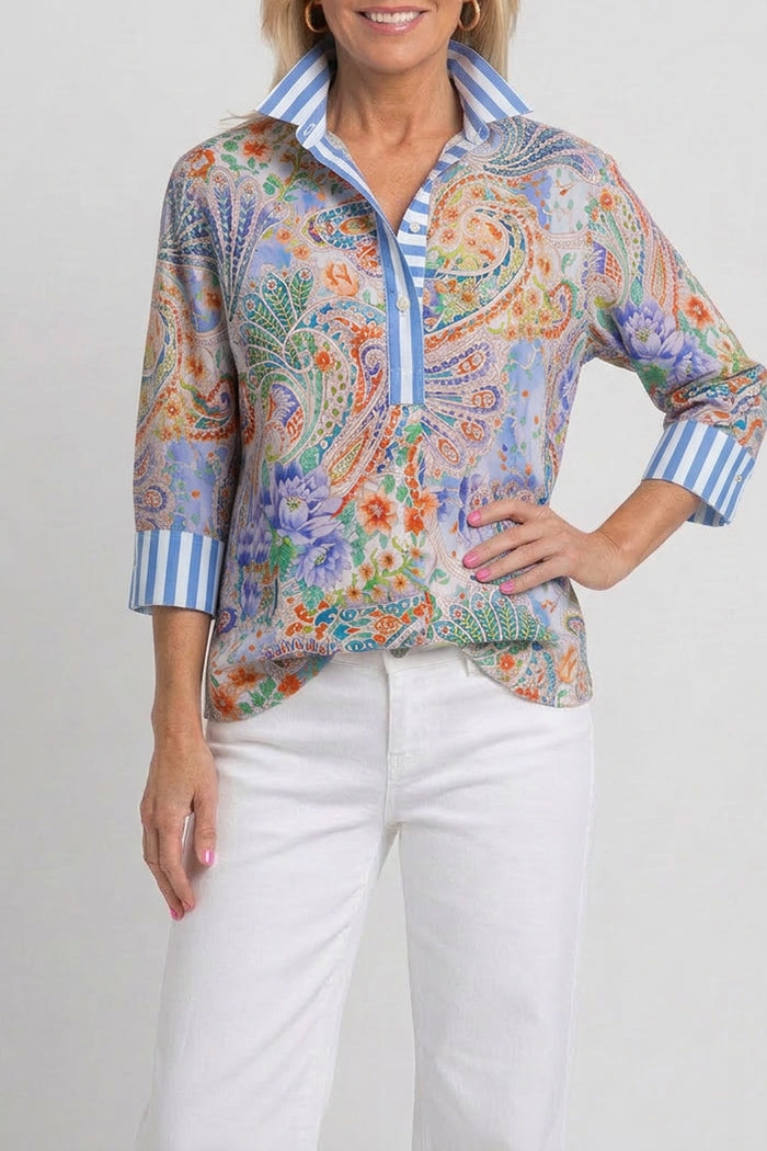 Vibrant Paisley Print Contrast Collar Top
