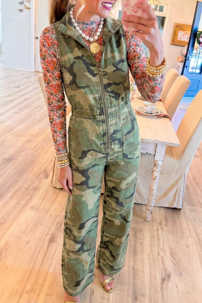 Camo Front Zip Elastic Waist Pocket Sleeveless Wide Leg Jumpsuit