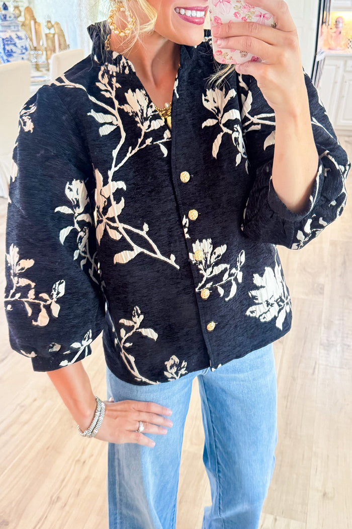 Floral Ruffle Neckline Button Top