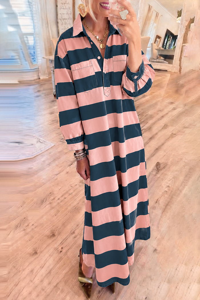 Stripe Dusty Pink Teal Pockets Denim Maxi Dress