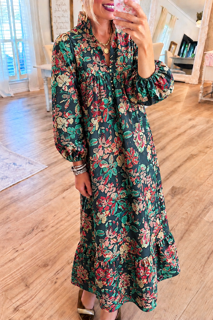 Jacquard Floral Ruffled Hem Pocket Maxi Dress