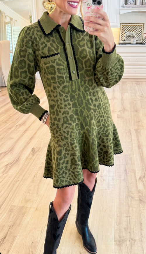 Leopard Lantern Sleeve Knit Mini Dress
