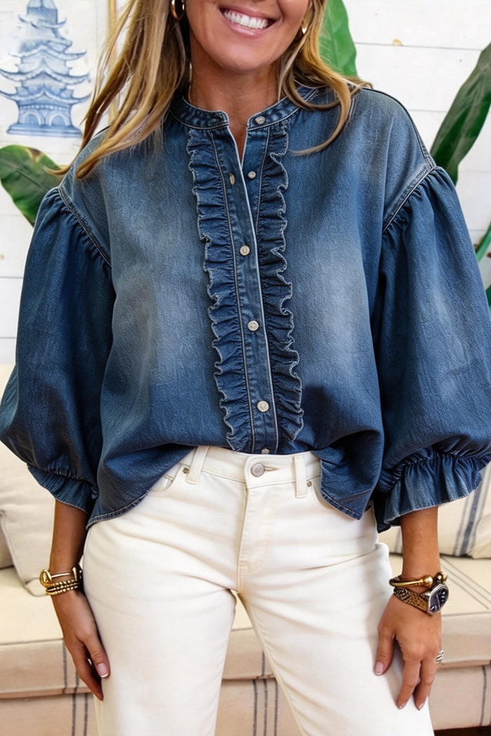 Placket Ruffle Puff Sleeve Denim Top