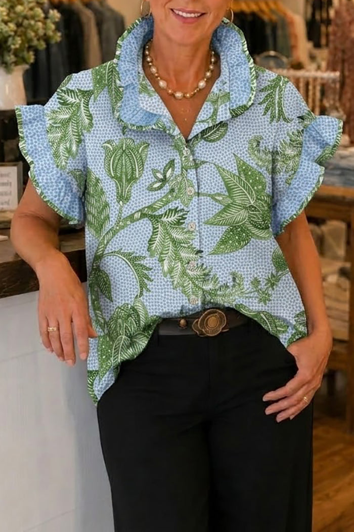 Ruffle Collar Leaf Print Button Down Top