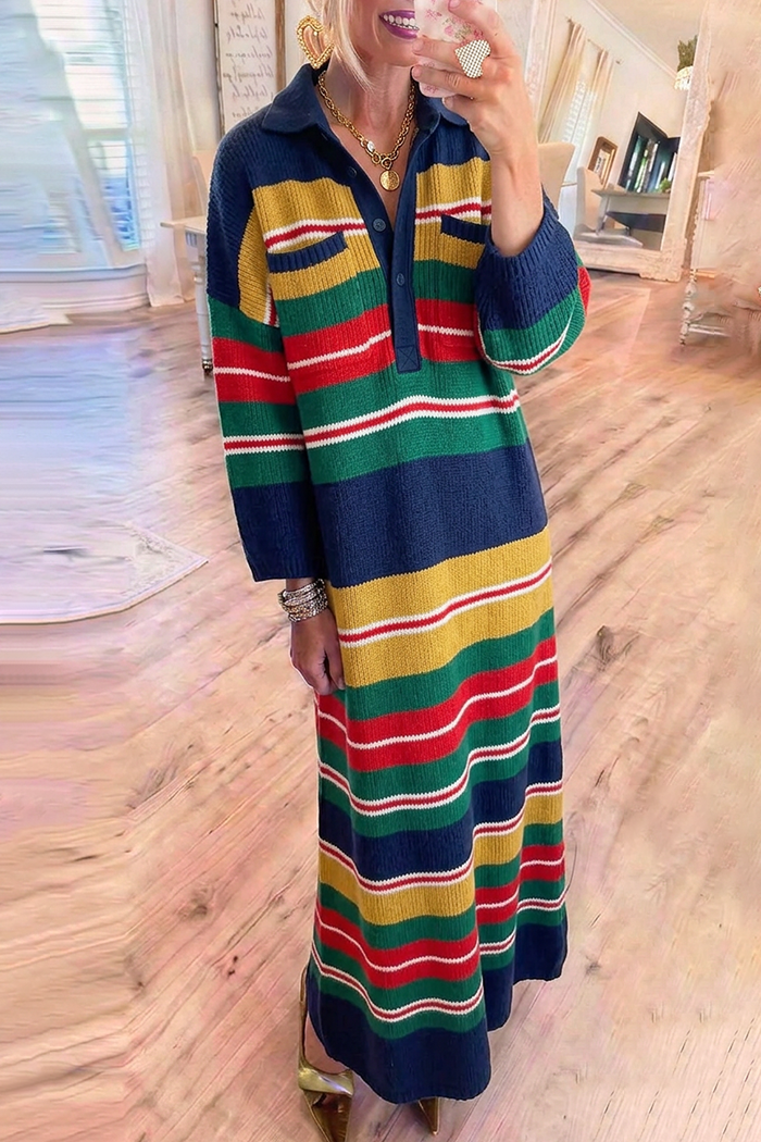 Multi Stripe Knit Collared Pockets Maxi Dress