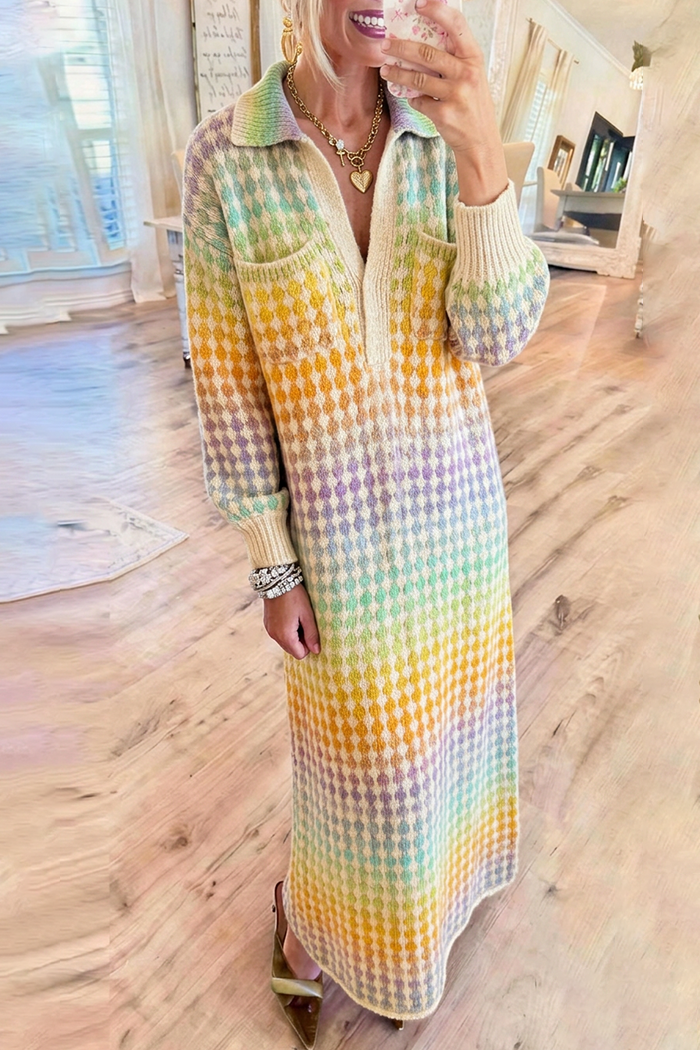 Jacquard Collared Chest Pocket Knit Maxi Dress
