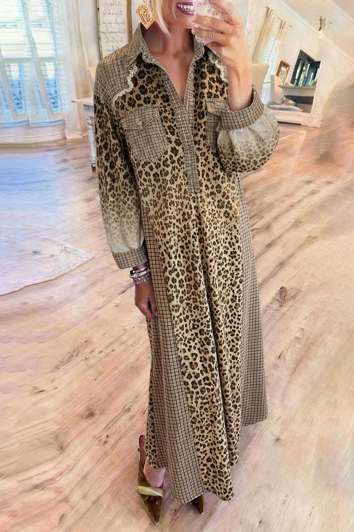 Leopard Patchwork Frayed Edge Shirt Collar Pocket Maxi Dress