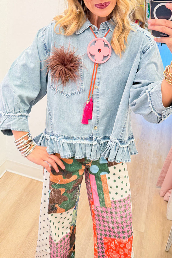 Light Wash Denim Ruffle Hem Top