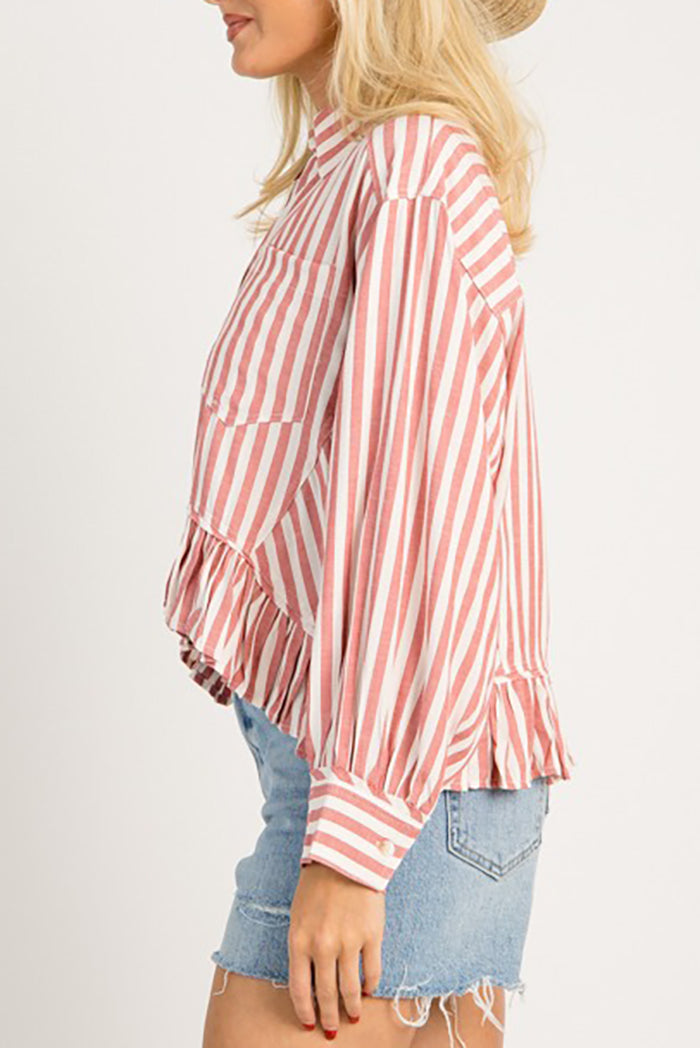 Striped Ruffled Hem Button Shirt