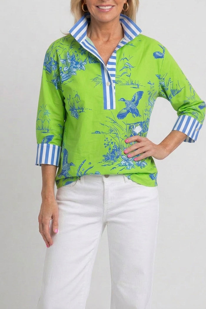 Floral Avian Striped Cuff Half Placket Top