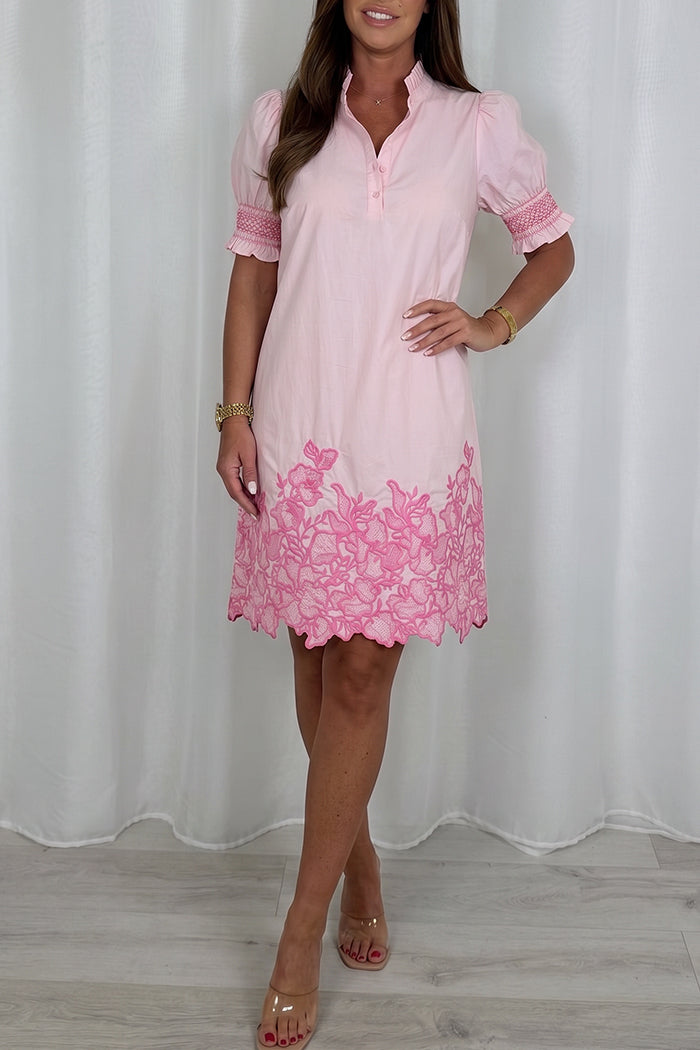 Pink Floral Hem Puff Sleeve Dress