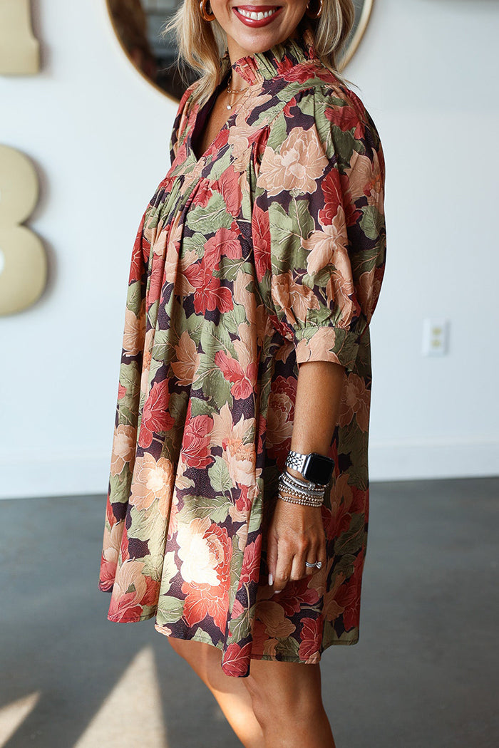 Floral Print Ruffle Collar 3/4 Sleeve Pockets Dress