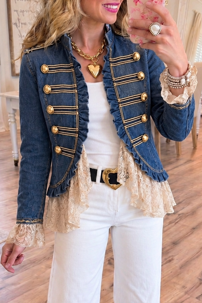 Gold Button Denim Ruffle Jacket