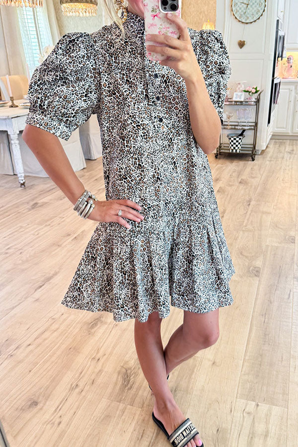 Leopard Puff Sleeve Pleated Dress