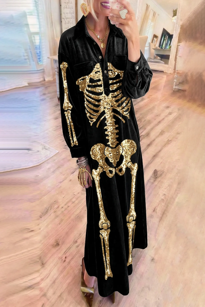 Halloween Skeleton Gold Sequin Velvet Pockets Long Sleeve Maxi Dress