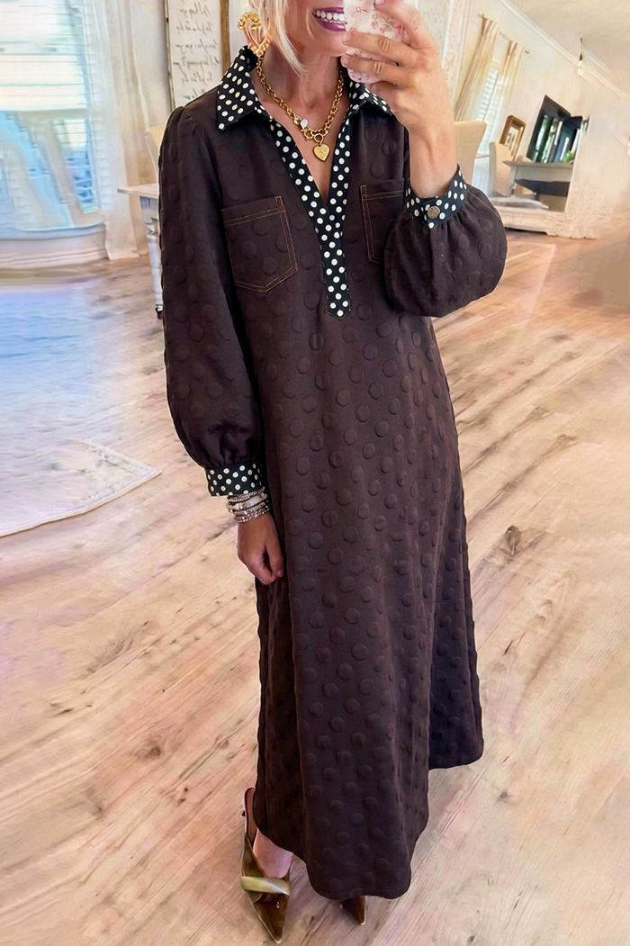 Textured Polka Dot Contrast Chest Pockets Balloon Sleeve Maxi Dress