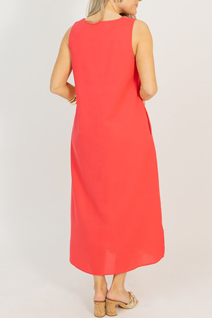 Embroidery Sleeveless Pocket Midi Dress