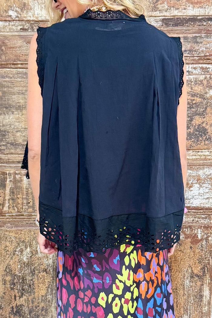 Black Eyelet Button Up Top