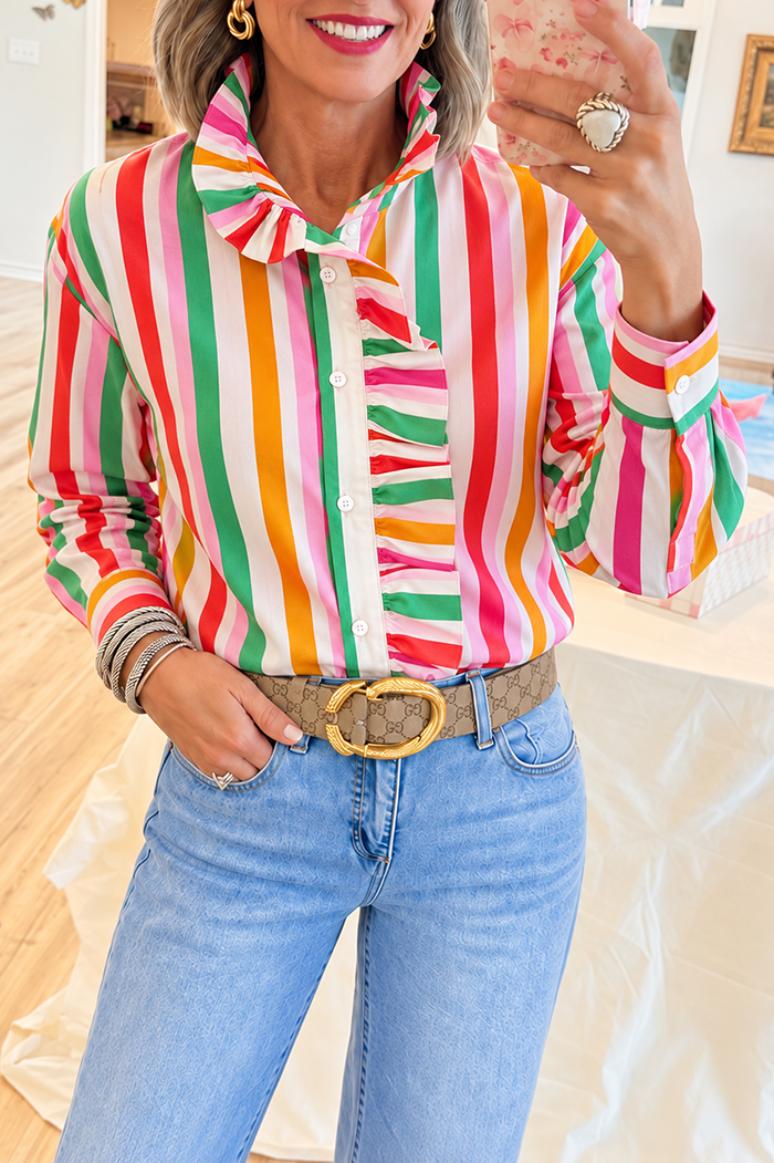 Casual Colorful Stripe Ruffle Shirt
