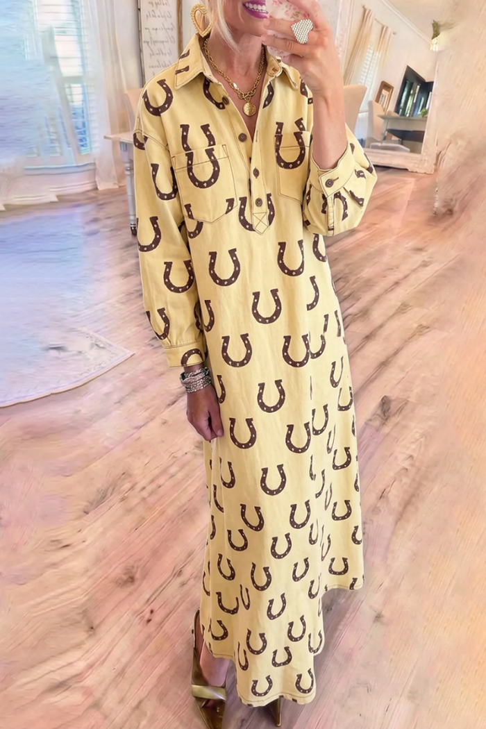 Horseshoe Print Half Button Pockets Maxi Dress