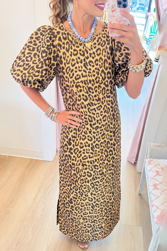 Tan Leopard Print Round Neck Puff Sleeve Side Slit Dress