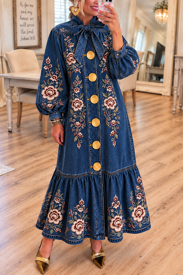Blue Denim Bow Neck Floral Embroidery Maxi Dress