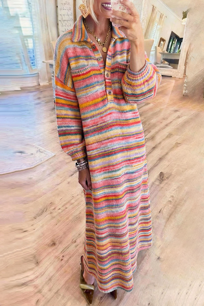 Rainbow Stripe Collared Henley Chest Pocket Knit Maxi Dress