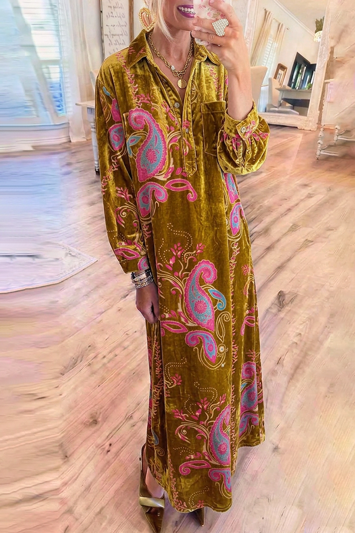Velvet Paisley Collared Chest Pockets Long Sleeve Maxi Dress
