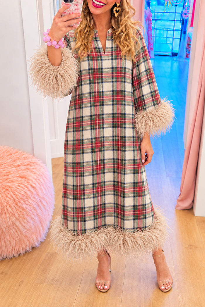 Plaid Feather Trim Maxi Dress