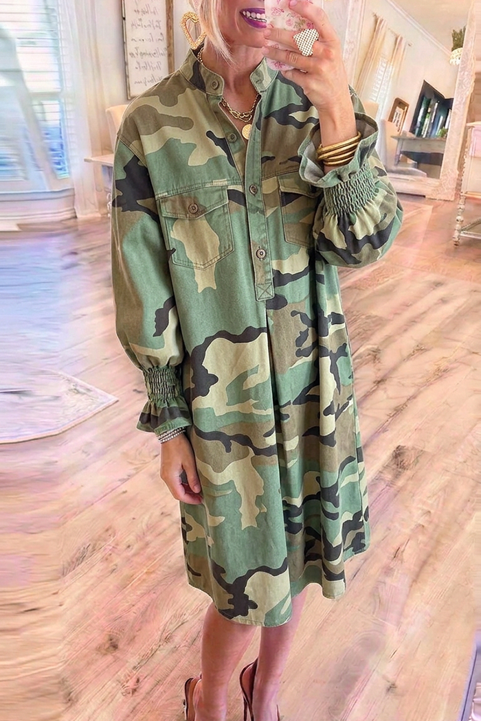 Denim Camo Mandarin Collar Half Button Smocked Cuff Dress