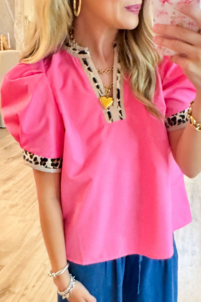 Leopard Contrast Puff Sleeve Top