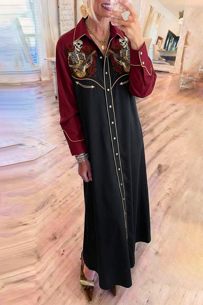 Black Burgundy Color Block Western Skeleton Rose Maxi Dress
